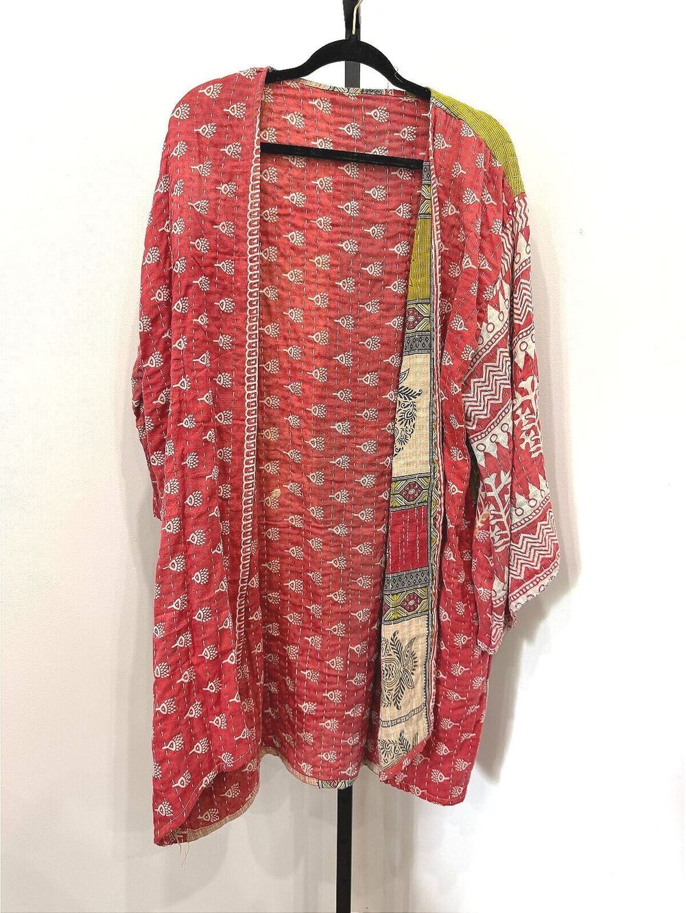 Kantha Bohemian Patchwork Kimono Cardigan in Red and Green